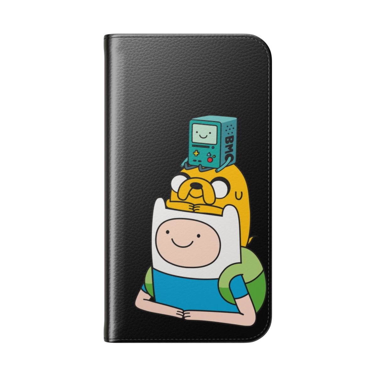 Colorful flip cover phone case featuring Adventure Time characters BMO, Finn, and Jake - Folded Back