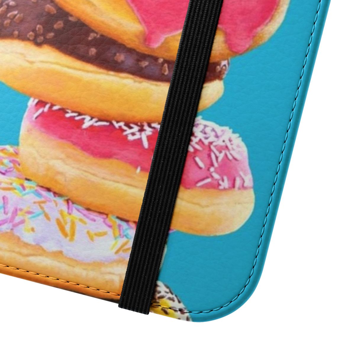 A vibrant and whimsical flip cover phone case featuring a flamingo with a doughnut - Close Up