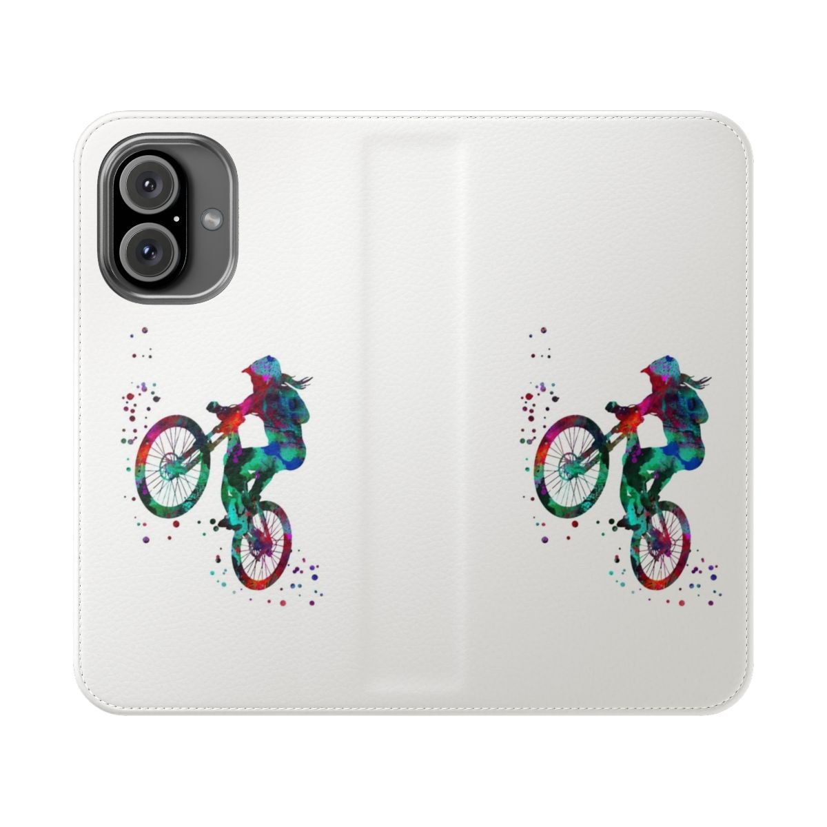 Flip cover phone case with a vibrant watercolor mountain biking design