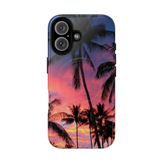 Colorful tropical palm tree phone case with sunset and paradise landscape