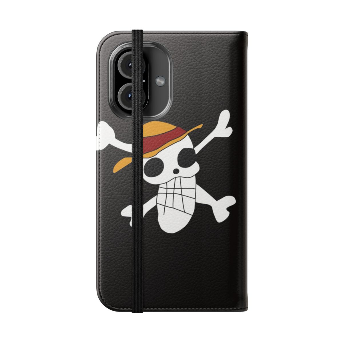 Flip cover phone case featuring the iconic One Piece logo designed by Luffy - Folded Front