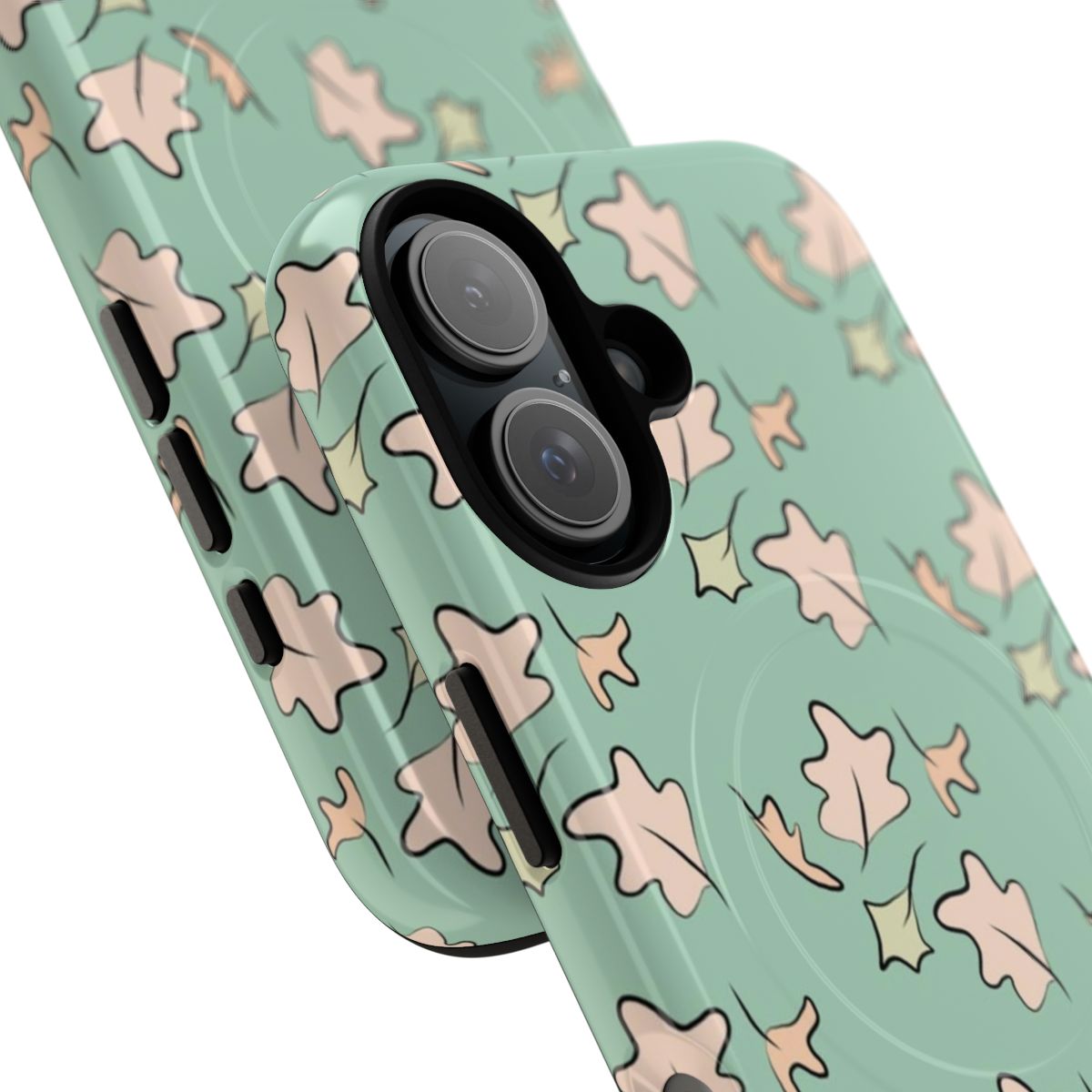 A pastel-colored phone case with a Heartstopper-inspired leaves pattern design. - Detail