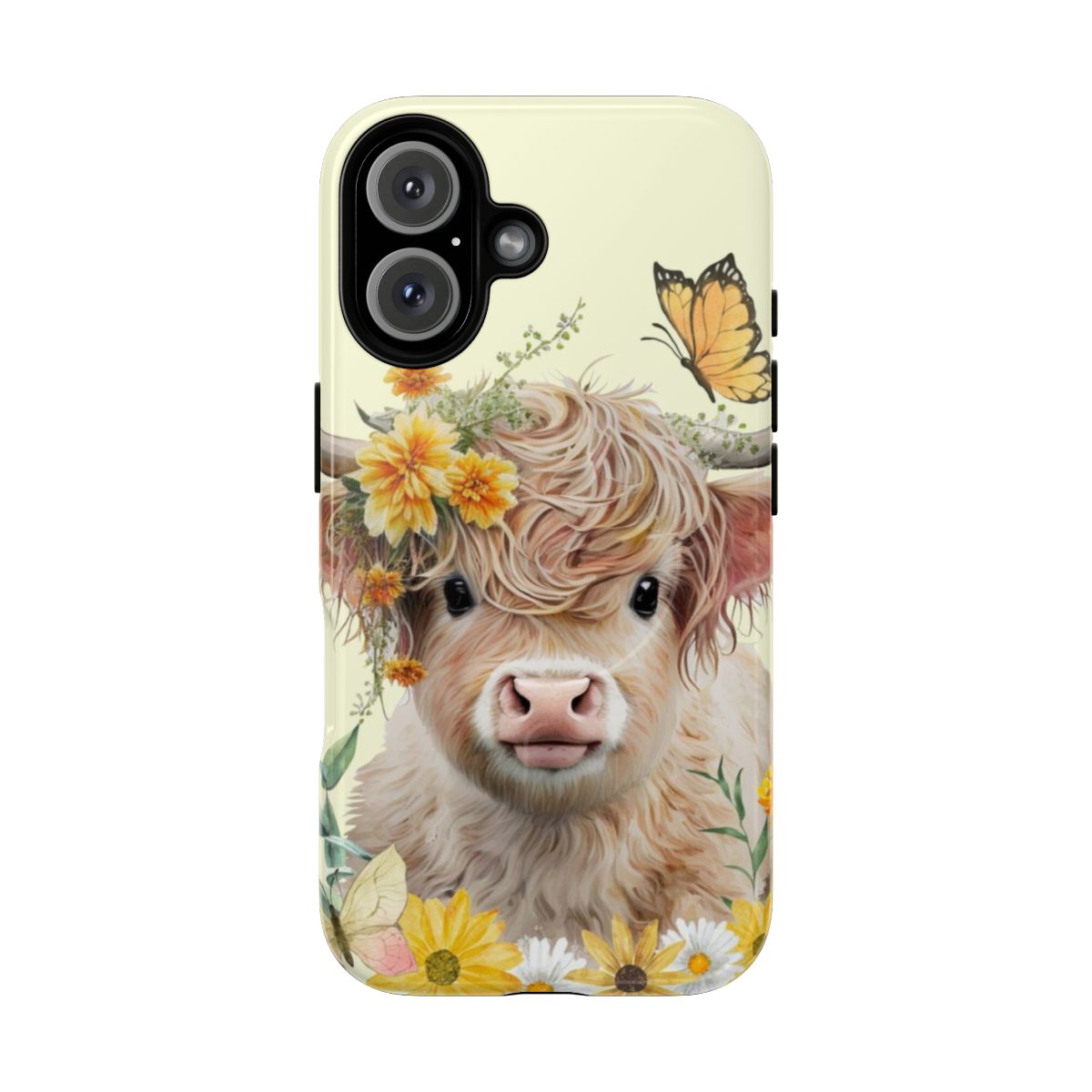 Vibrant phone case featuring a painted highland cow with a floral and butterfly design