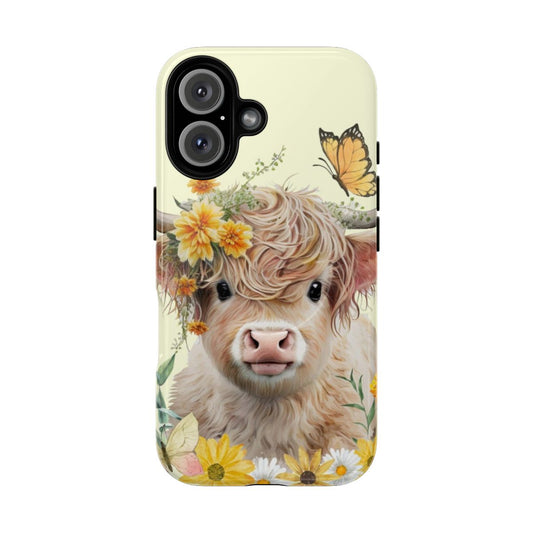 Vibrant phone case featuring a painted highland cow with a floral and butterfly design