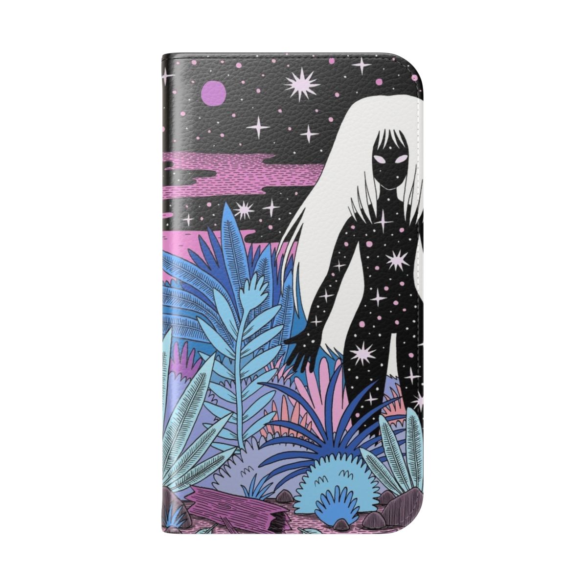 Cosmic goddess nature-inspired phone case with purple, blue, and pink patterns and details of the universe, stars, and planets. - Folded Back