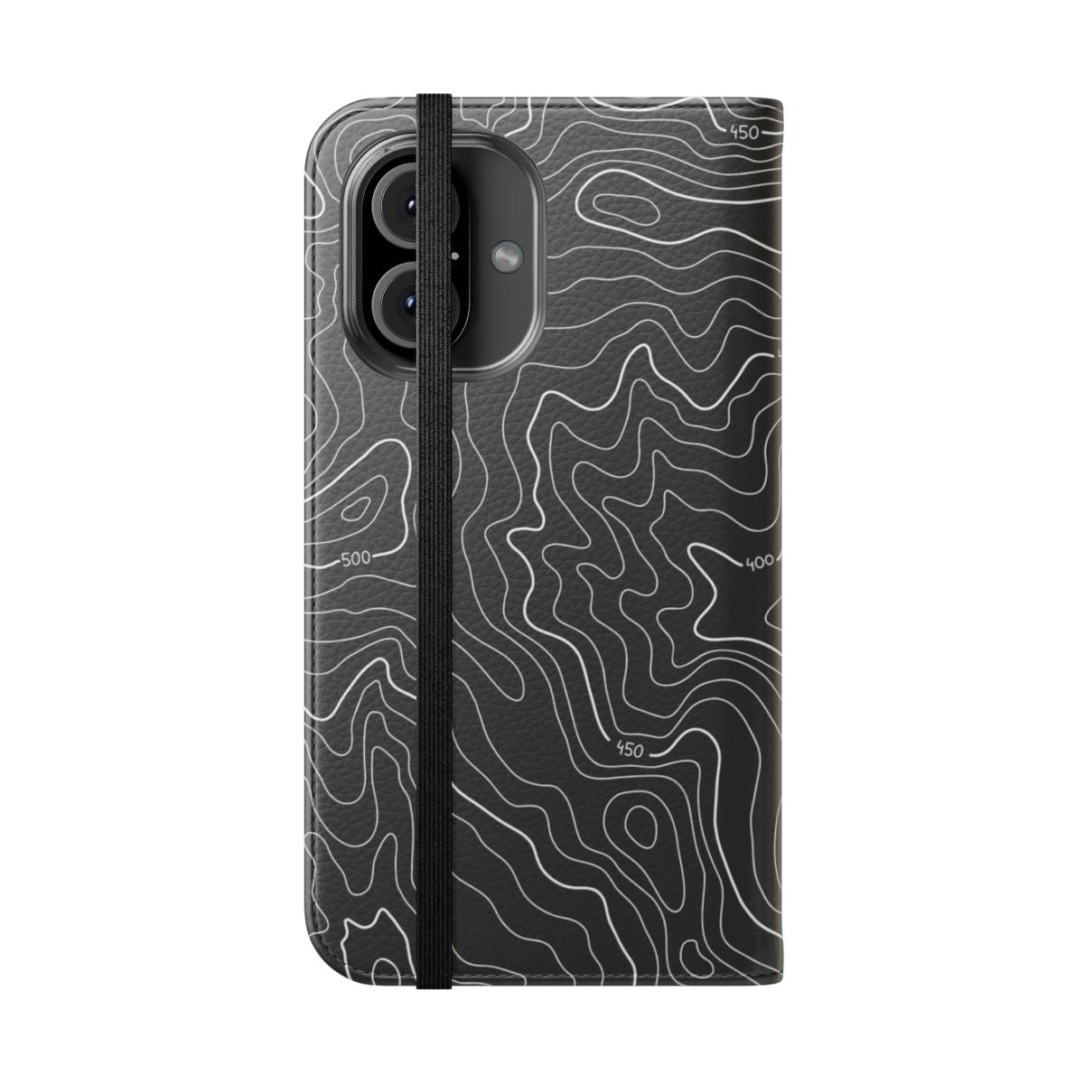 Topography-inspired flip cover phone case with minimalist, black and white design - Folded Front