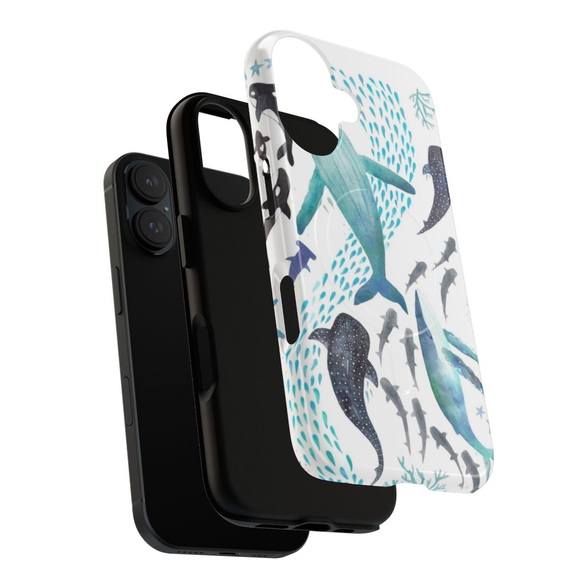 Vibrant watercolor design featuring sharks, whales, orcas, and sea turtles on a phone case - Layers