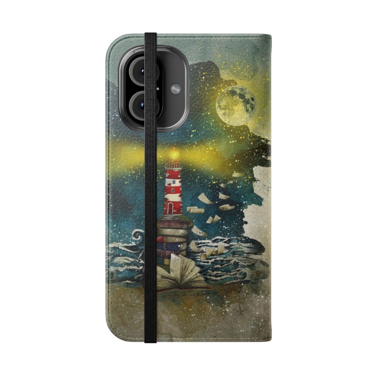 Flip phone case featuring a scenic ocean and night sky design with a lighthouse and books - Folded Front