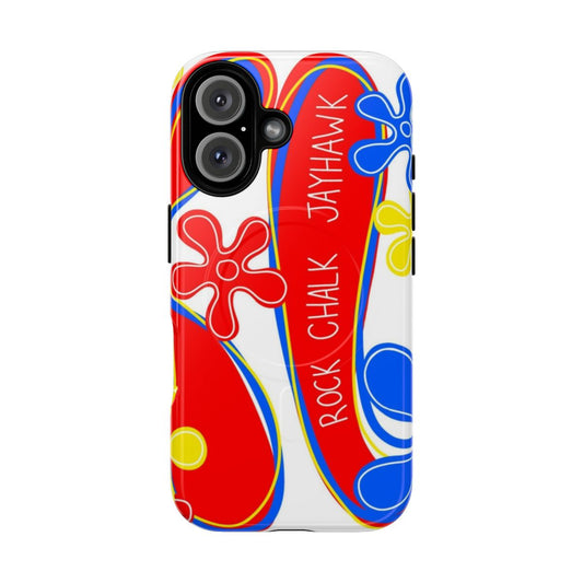 Stylish magnetic phone case featuring the University of Kansas Jayhawks mascot and school colors.