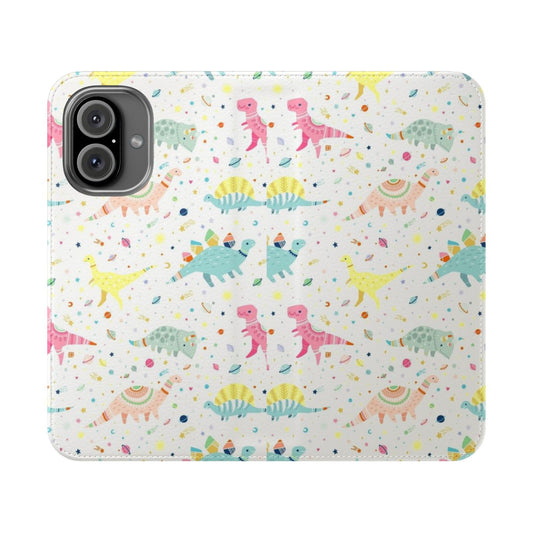 Dinosaur-themed flip phone case featuring a vibrant, pastel-colored pattern