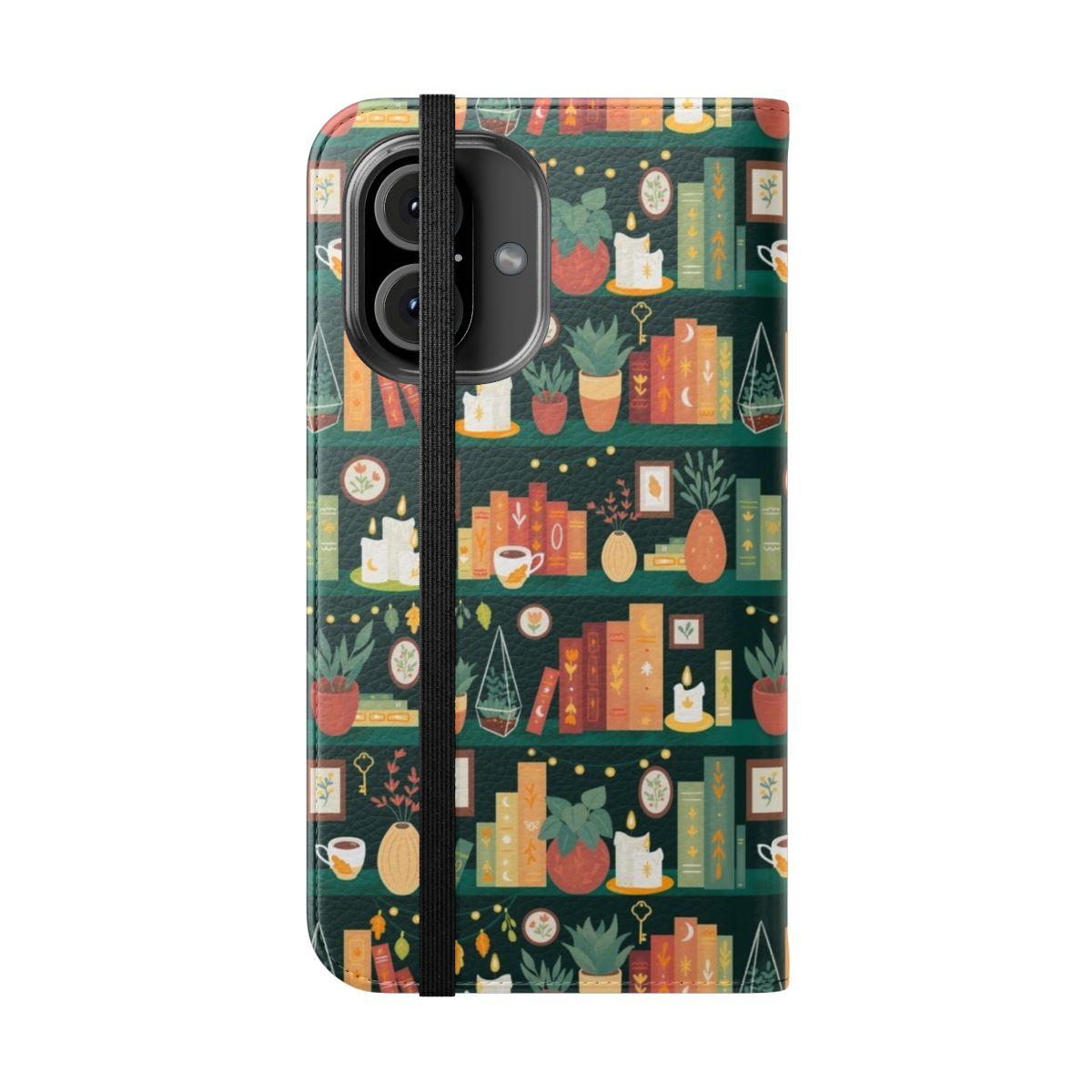 Cozy flip phone case with a nature-inspired book lover design - Folded Front