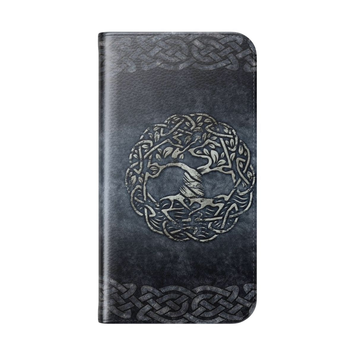 A grey leather phone case featuring a celtic tree of life design. - Folded Back