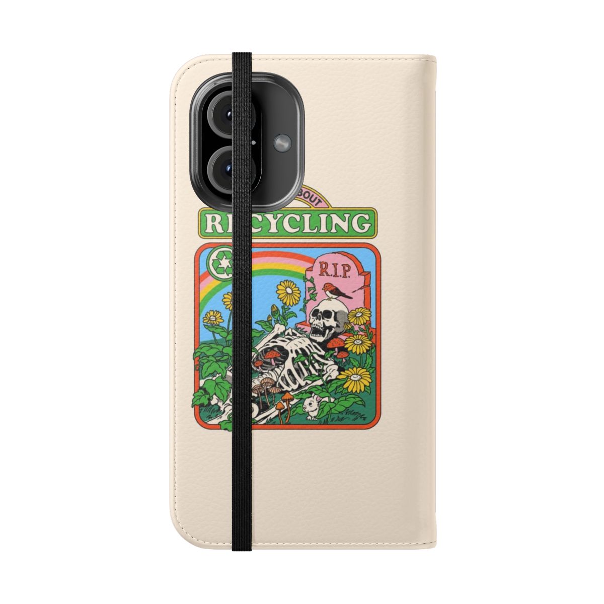 Recycled phone case with a retro, vintage design featuring mushrooms, flowers, and a skeleton - Folded Front