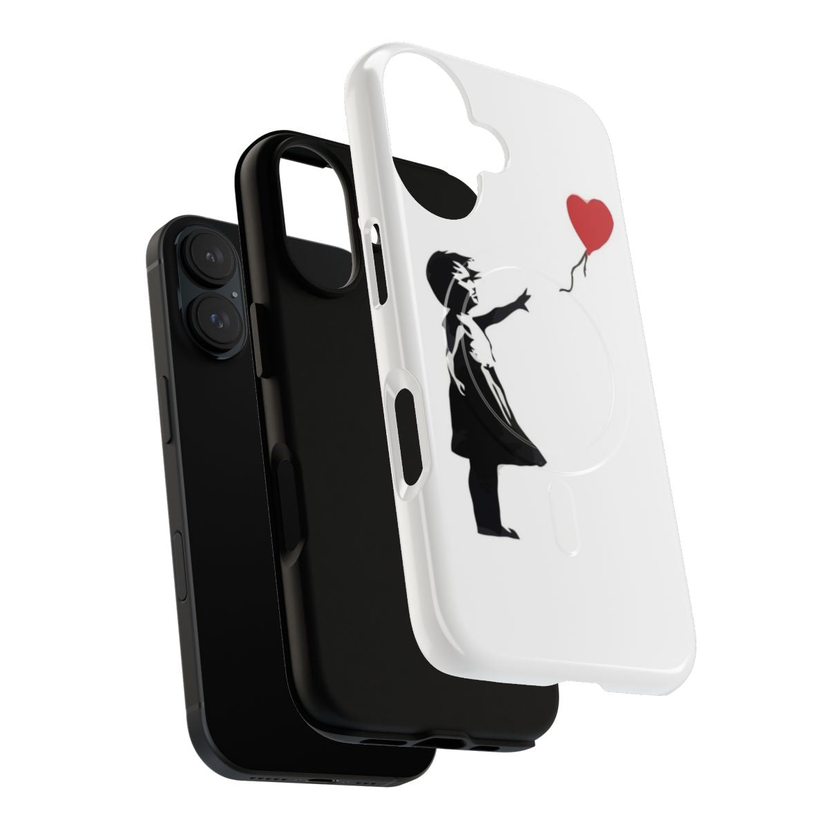 Banksy-style stencil art of a girl with a heart-shaped balloon on a phone case - Layers