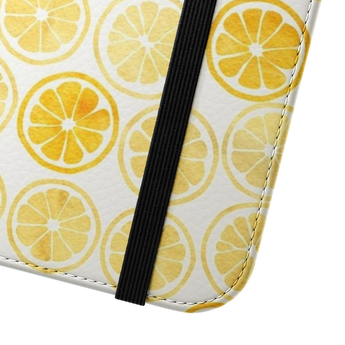 Vibrant yellow watercolor lemon slices pattern on a flip cover phone case - Close Up