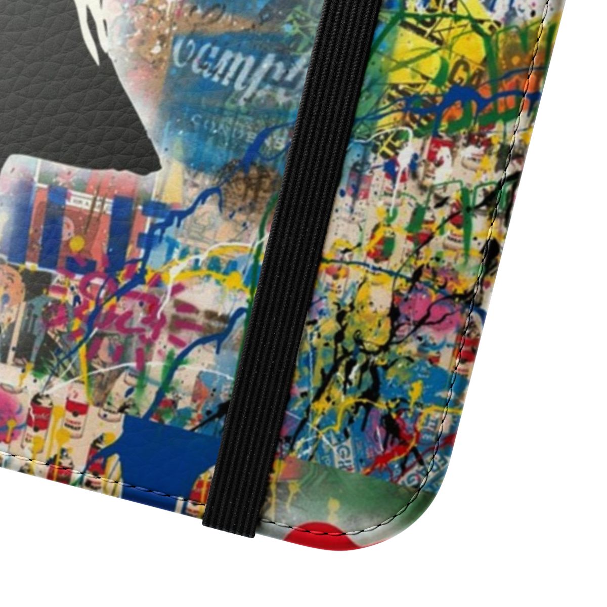 Artistic flip phone case with a mashup of urban contemporary street art styles, including stencil, spray paint and iconic imagery. - Close Up