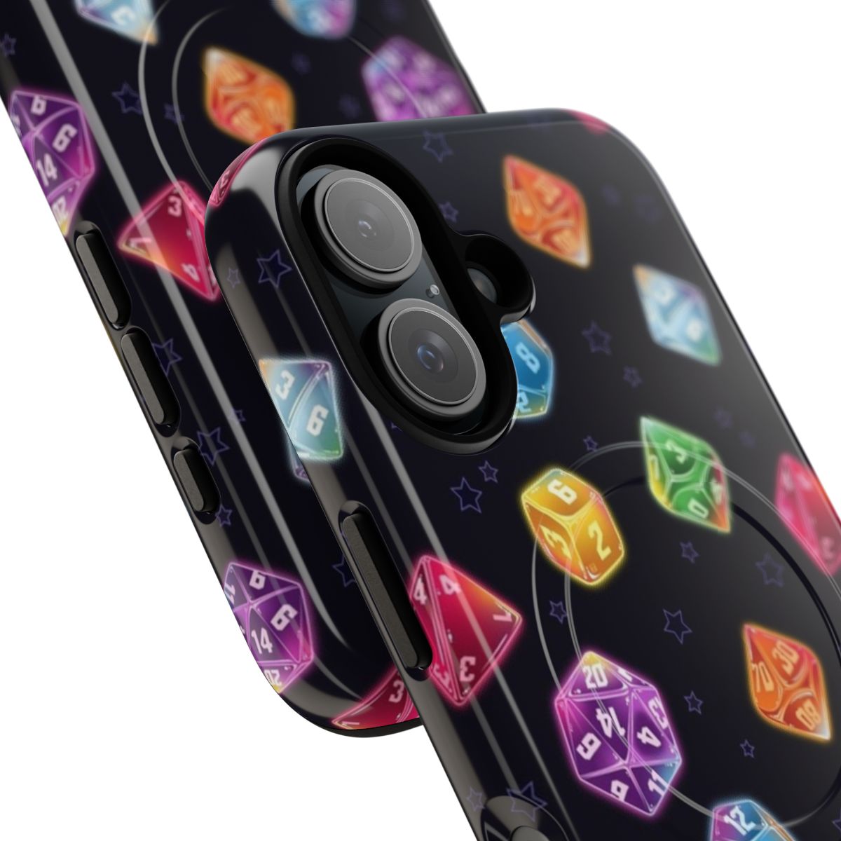 Colorful and retro-inspired magnetic phone case with dice and fantasy design - Detail