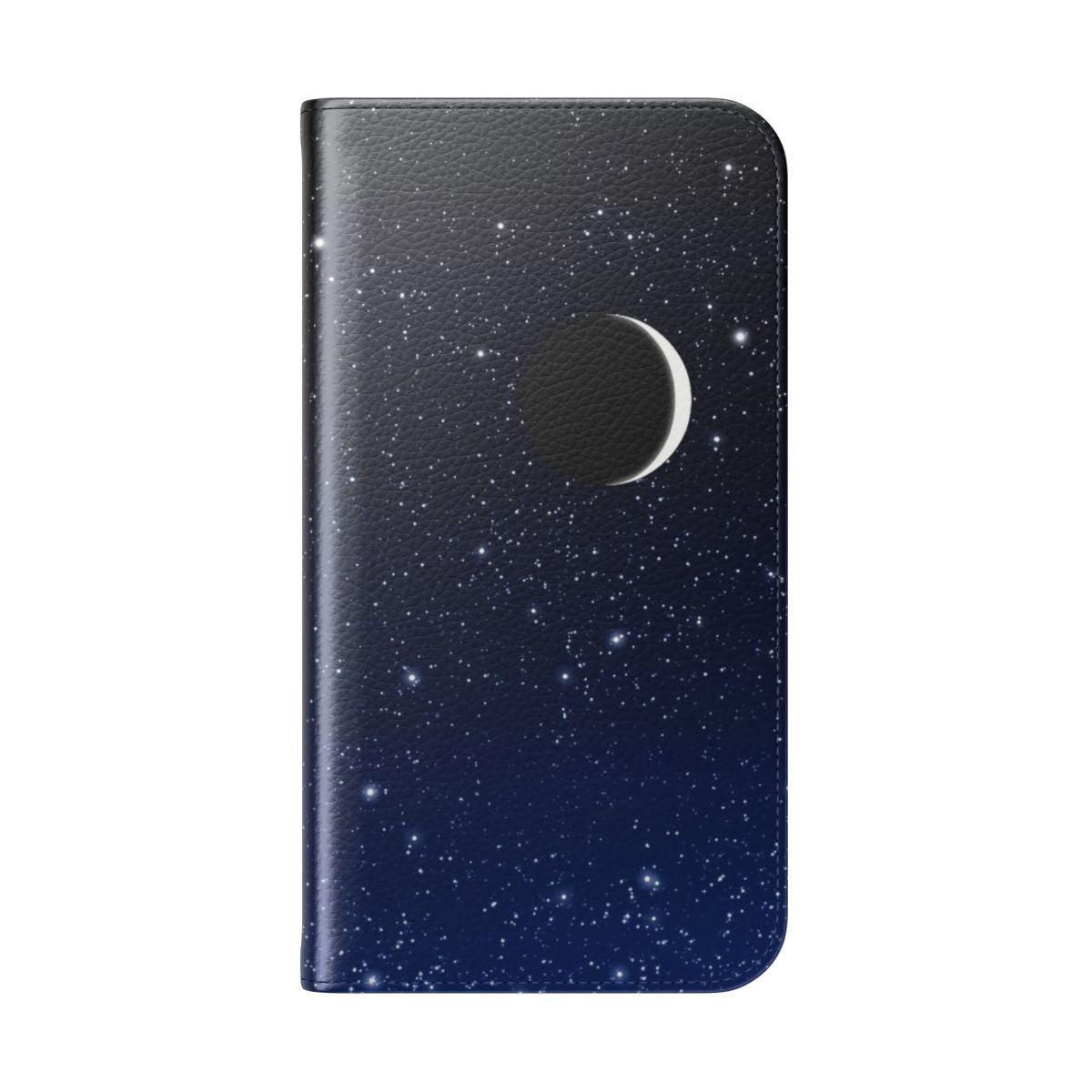 Flip phone case with a starry night sky design featuring a crescent moon. - Folded Back