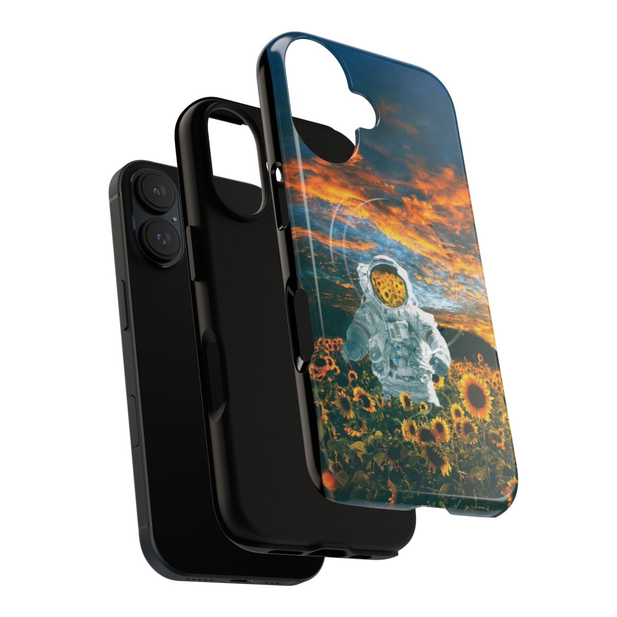 Magnetic tough phone case featuring a space-themed design with an astronaut, sunflowers, and a starry galaxy. - Layers