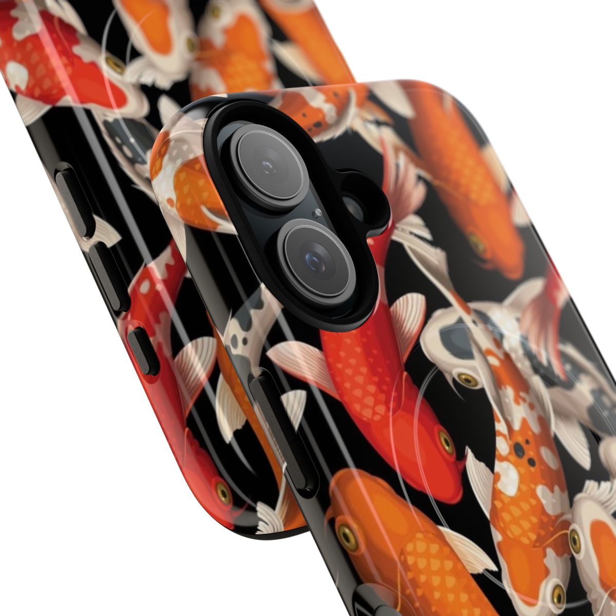 Vibrant koi fish swimming in a traditional Japanese pond, featured on a protective phone case. - Detail