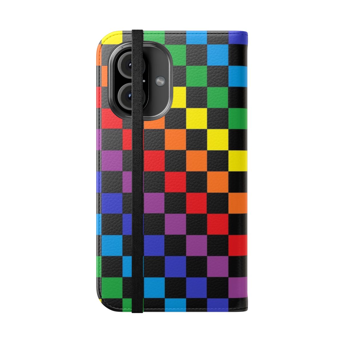 Checkered rainbow abstract design phone case cover in black - Folded Front