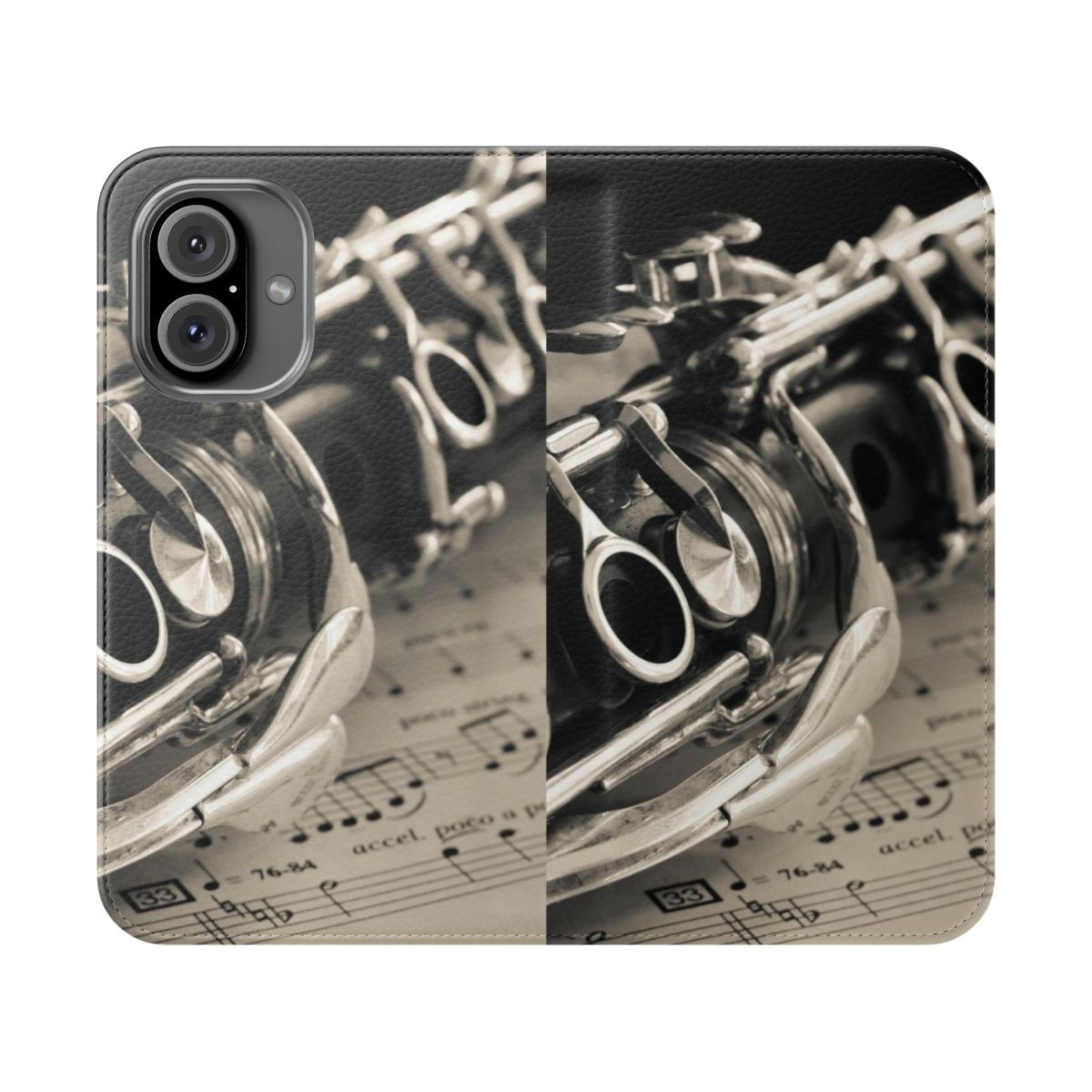 Cream-colored flip cover phone case featuring a monochrome clarinet image for music lovers