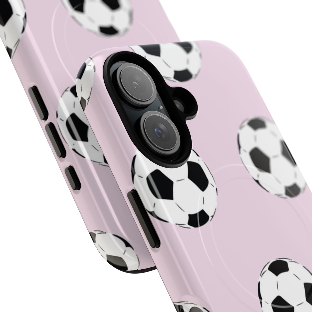 Vibrant pink phone case with a fun soccer ball design, perfect for soccer enthusiasts. - Detail