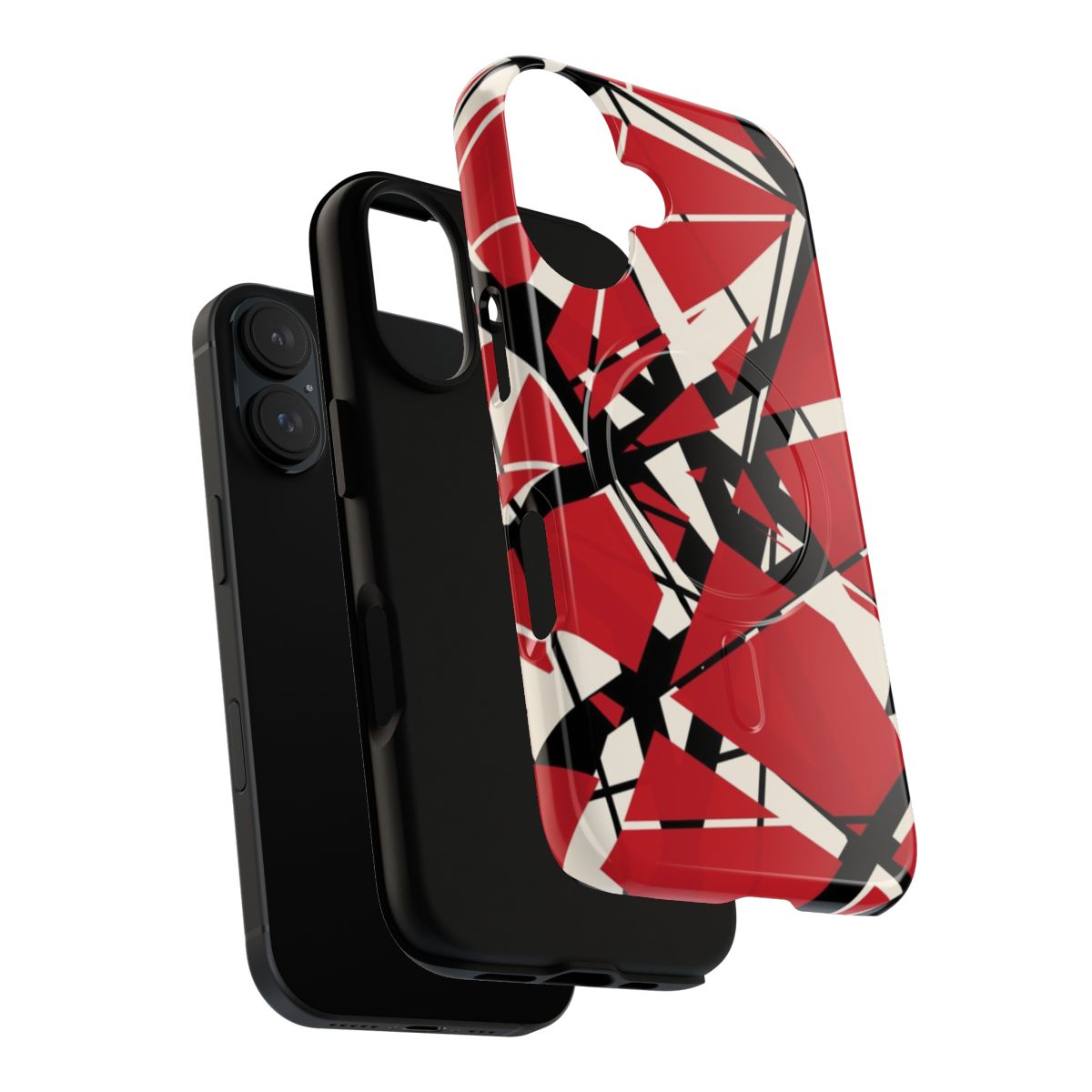 A vibrant red and white striped guitar case, inspired by the iconic EVH Frankenstrat guitar design. - Layers