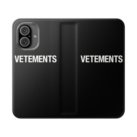 Fashionable flip cover phone case with a minimalist design inspired by the Vetements street style brand