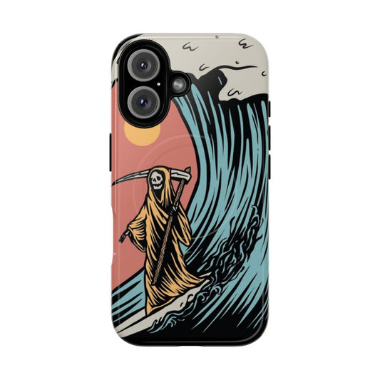 Colorful tropical floral phone case with a surfing reaper design