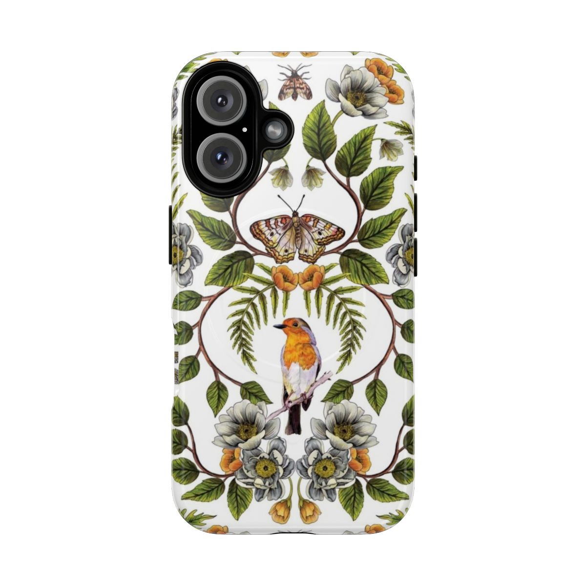 Floral and botanical pattern phone case with birds, moths, dragonflies, and flowers