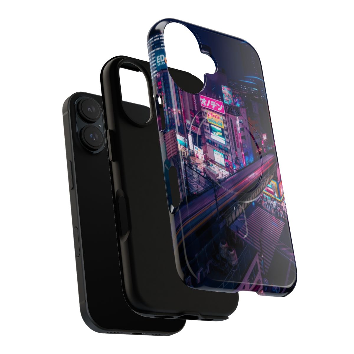 Cyberpunk-themed phone case with neon blue and pink colors, train and futuristic urban design - Layers