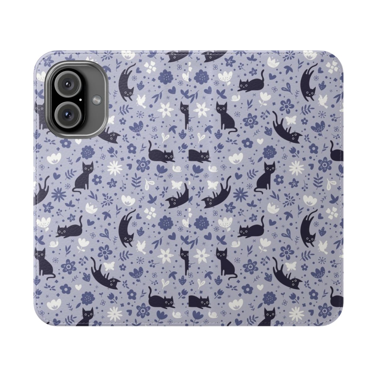 A flip cover phone case featuring a whimsical design of cats frolicking in a lavender-filled garden.