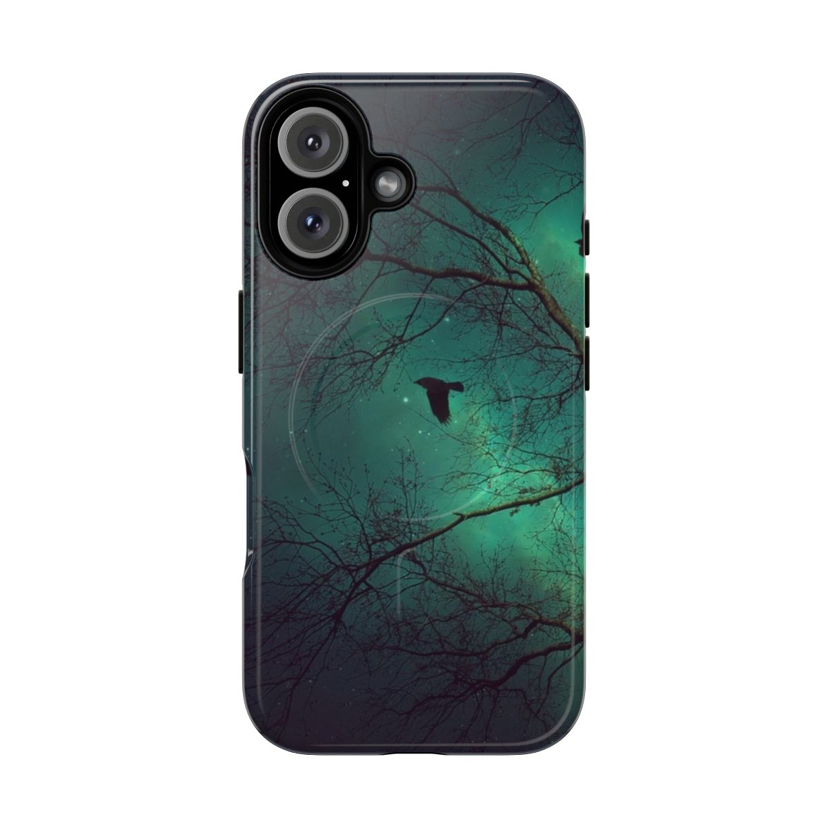 Artistic phone case featuring a night forest scene with silhouetted trees, birds in flight, and a teal sky