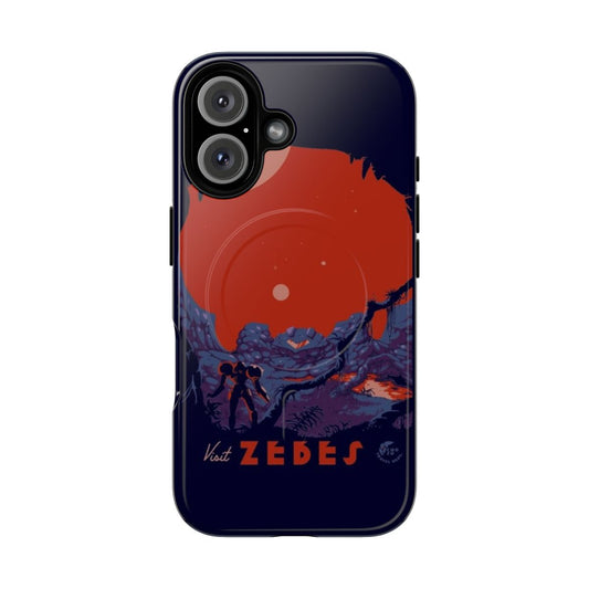 Magnetic phone case with a Metroid-inspired Zebes design