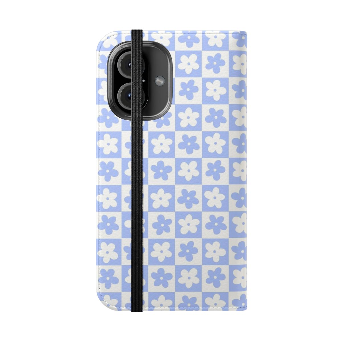 Periwinkle and white checkered squares phone case with floral design - Folded Front