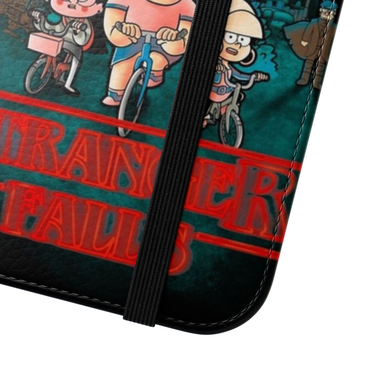 Flip cover phone case with Stranger Things and Gravity Falls design - Close Up