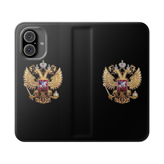 Flip cover phone case featuring a detailed illustration of the Russian coat of arms