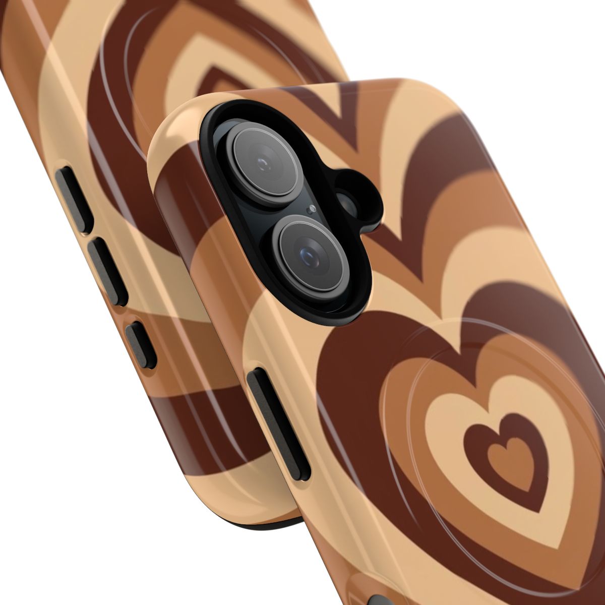 Magnetic tough phone case featuring a latte love and brown hearts design - Detail