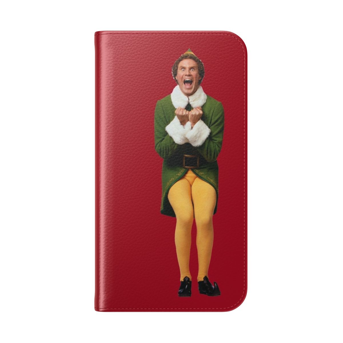 Flip cover phone case with "Buddy the Elf" inspired design and festive elements like Santa, candy canes, and "I know him!" - Folded Back