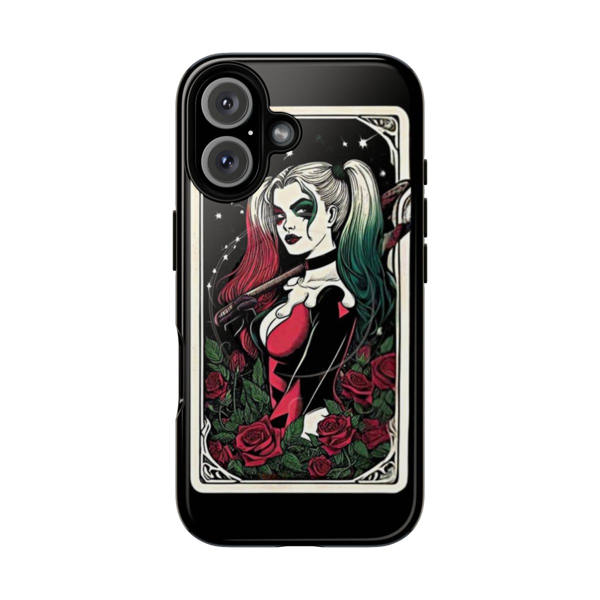 Tarot art design featuring the Harlequin character on a protective phone case