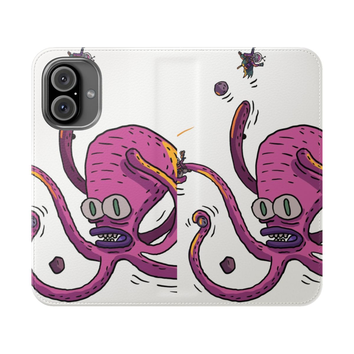 Vibrant and whimsical phone case featuring a space octopus creature on a starry, cosmic background