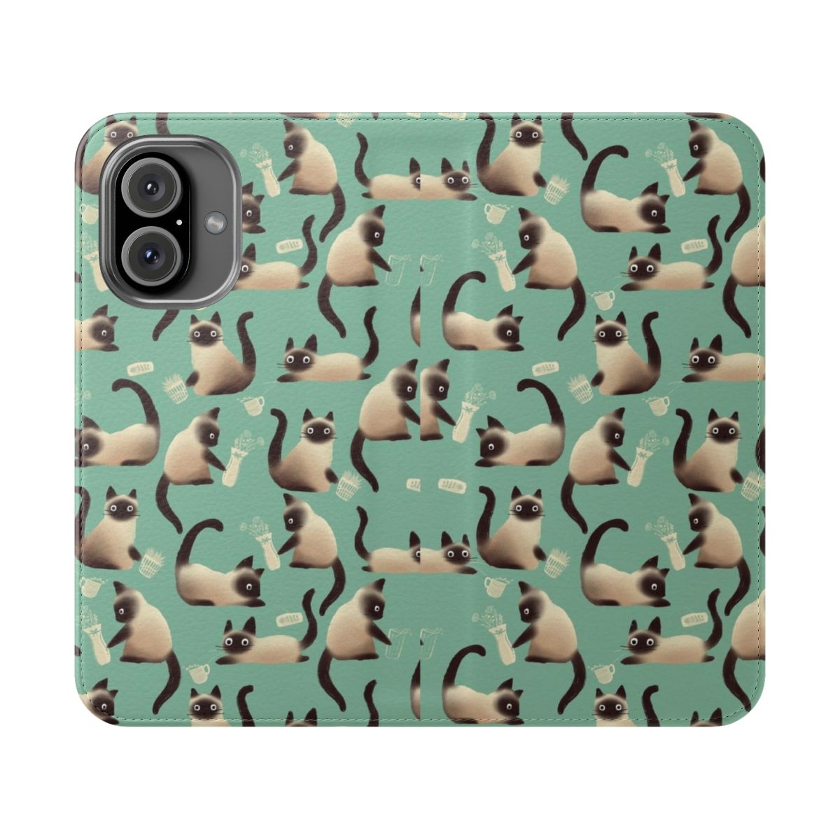 Whimsical phone case featuring a hand-drawn pattern of mischievous Siamese cats knocking things over.