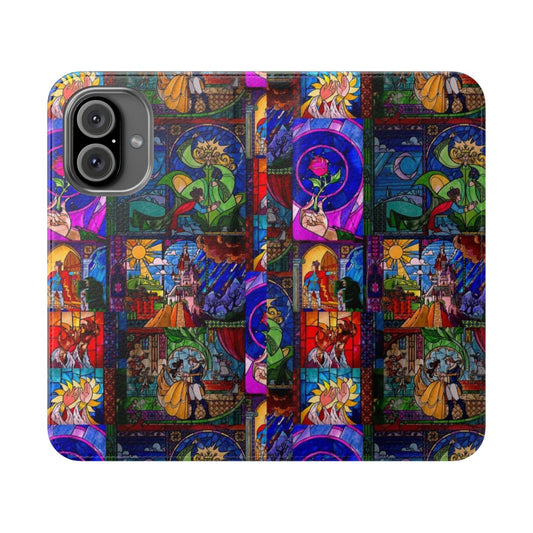 Stained glass design phone case featuring Beauty and the Beast characters