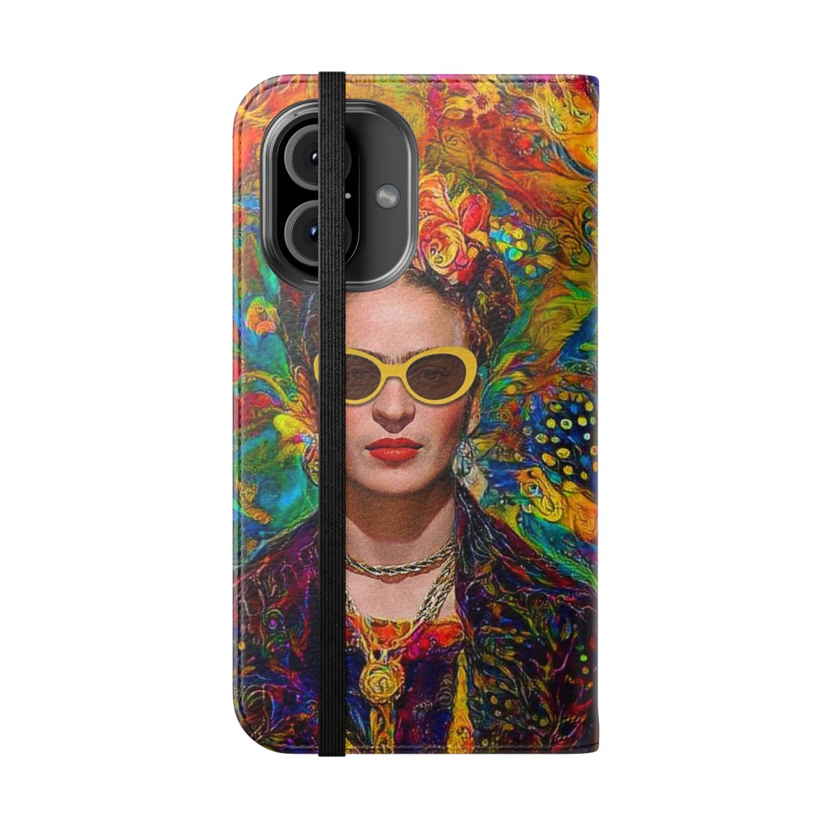 Vibrant phone case cover with Frida Kahlo inspired Mexican portrait artwork - Folded Front