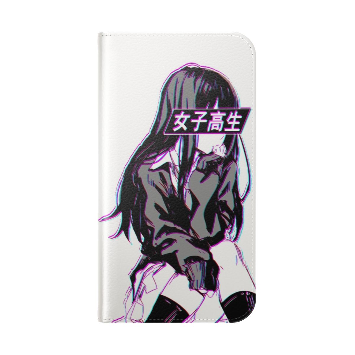 Emo Japanese anime aesthetic flip cover phone case with grunge, goth, and sad design elements. - Folded Back