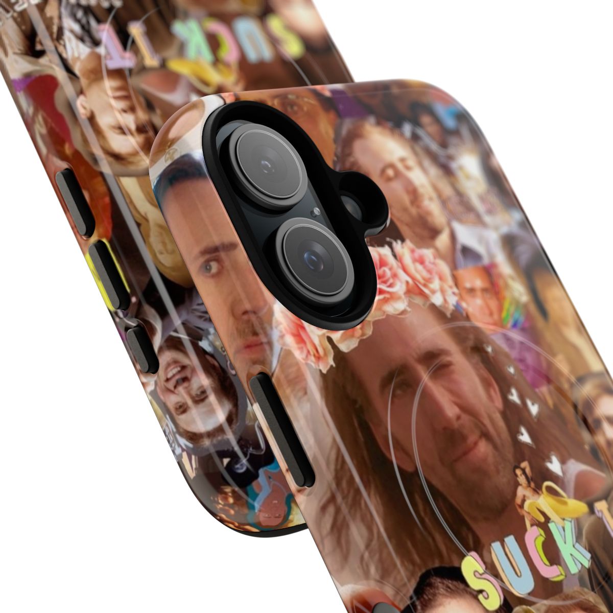 A collage of images featuring actor Nicolas Cage on a magnetic tough phone case - Detail