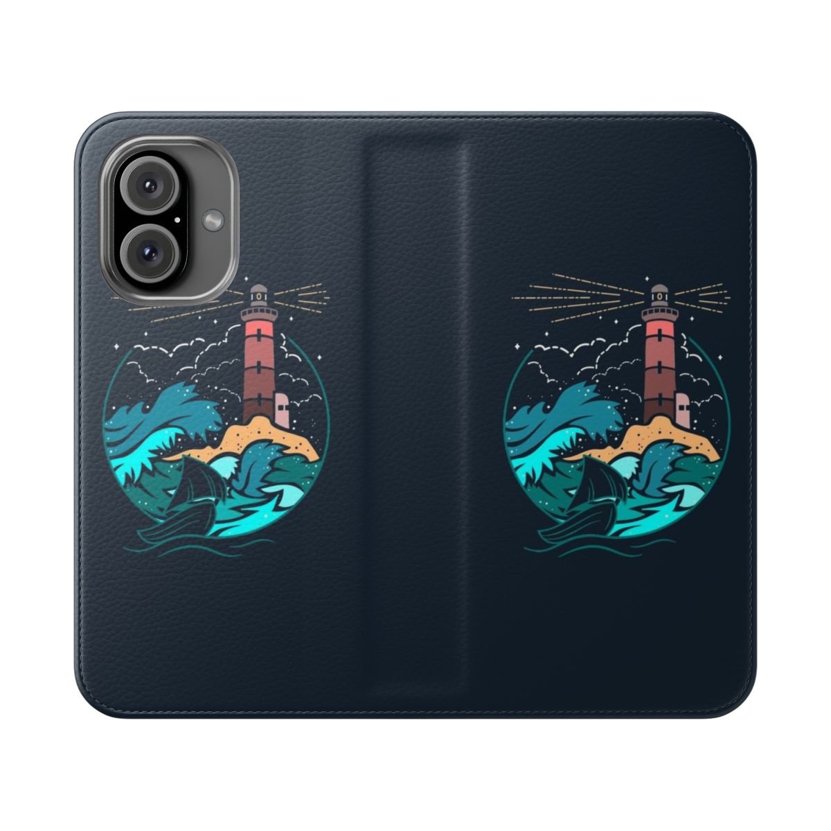 Minimalist flip cover phone case with a lighthouse, sea, and boat design for nature enthusiasts