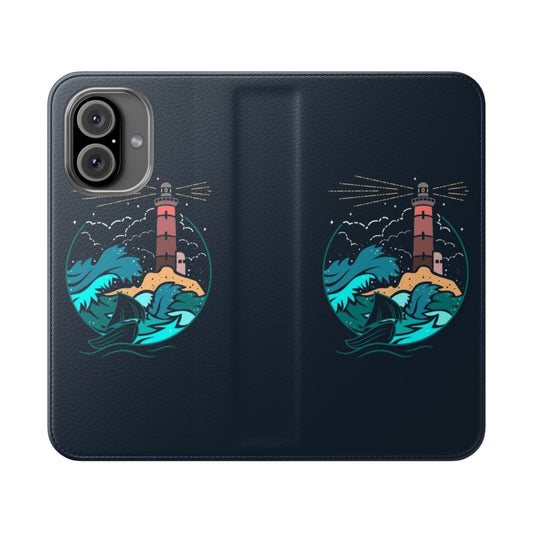 Minimalist flip cover phone case with a lighthouse, sea, and boat design for nature enthusiasts