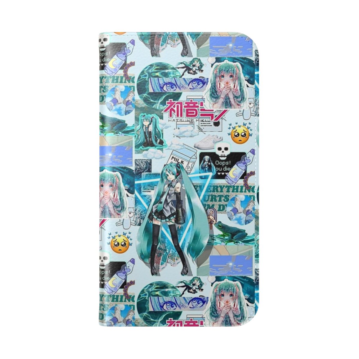 Anime-inspired flip phone case featuring Miku Hatsune, a popular vocaloid character, in a blue and white aesthetic. - Folded Back